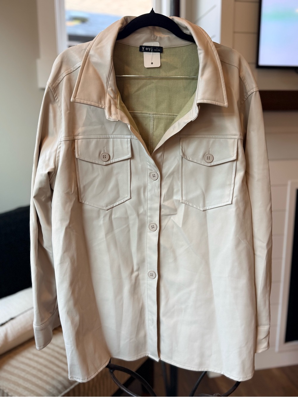 Light Beige Women's Button-Front Leather Jacket